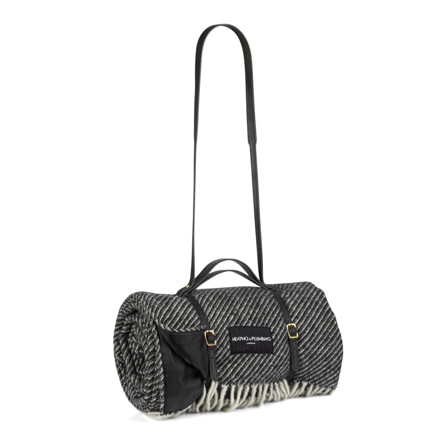 Members' Club Wool Picnic Blanket with Long Black Leather Shoulder Strap