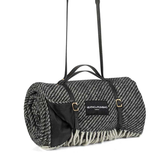 Members' Club Wool Picnic Blanket with Long Black Leather Shoulder Strap