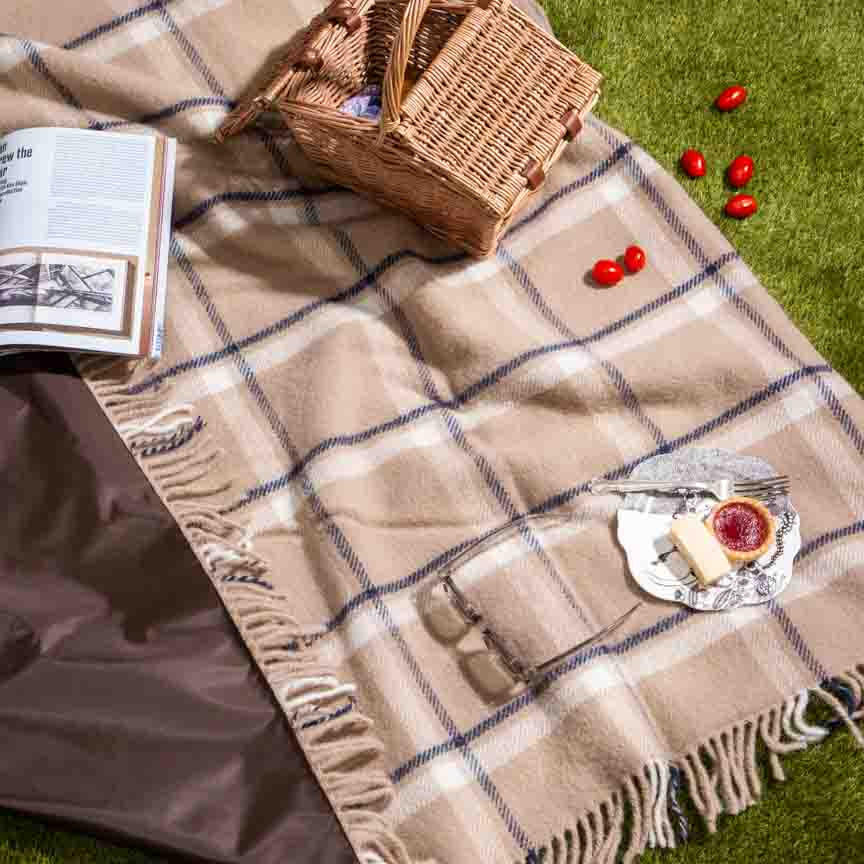 Luxurious wool picnic blanket with latte check pattern, fringed edges, and waterproof backing, perfect for stylish outdoor dining — Heating & Plumbing London