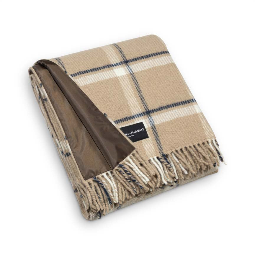Beige Checkmate Picnic Blanket Showing Waterproof Backing