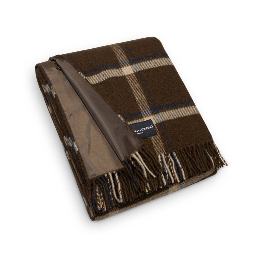 Wool picnic blanket in brown showing waterproof backing