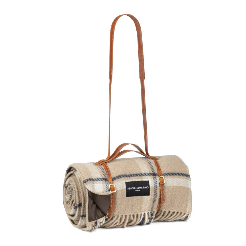 Wool Picnic Blanket Checkmate with Long Tan Leather Strap