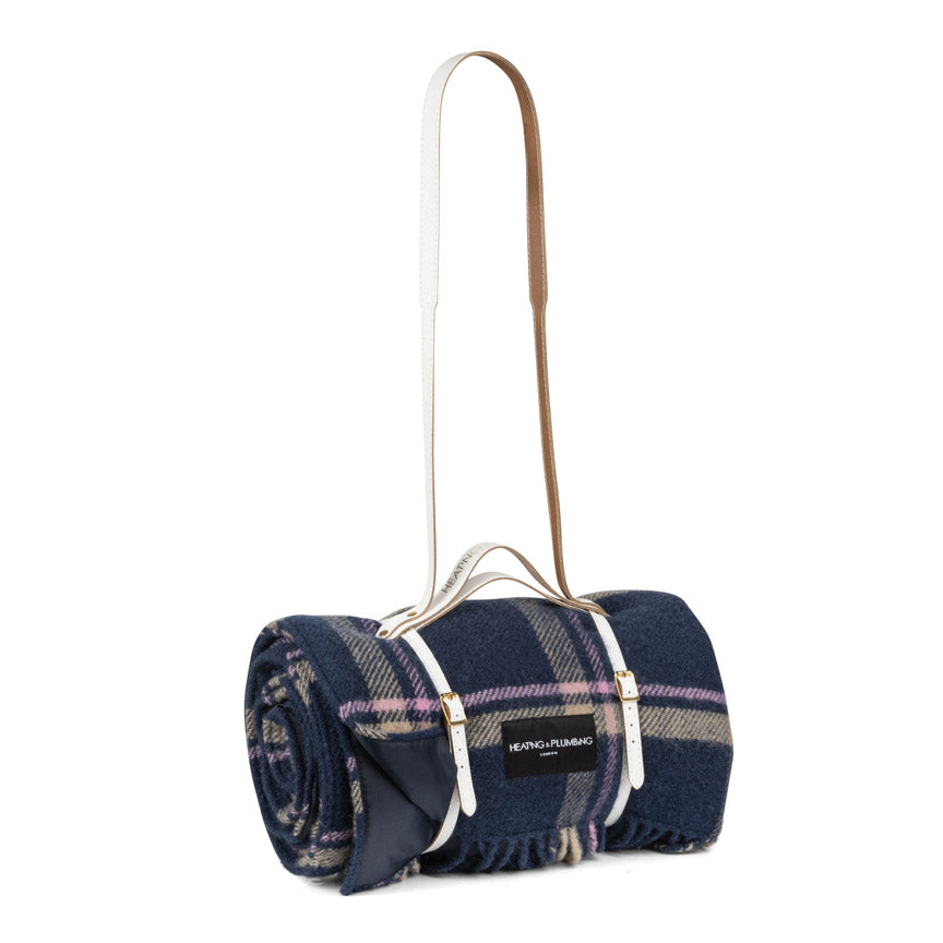 Checkmate Navy Wool Picnic Blanket with Long White Leather Shoulder Strap