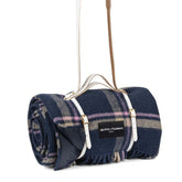 Checkmate Navy Wool Picnic Blanket with Long White Leather Shoulder Strap