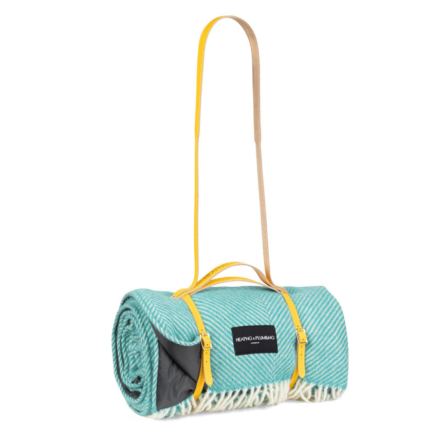 Wool Picnic Blanket Cornish Cove with Long Yellow Leather Strap