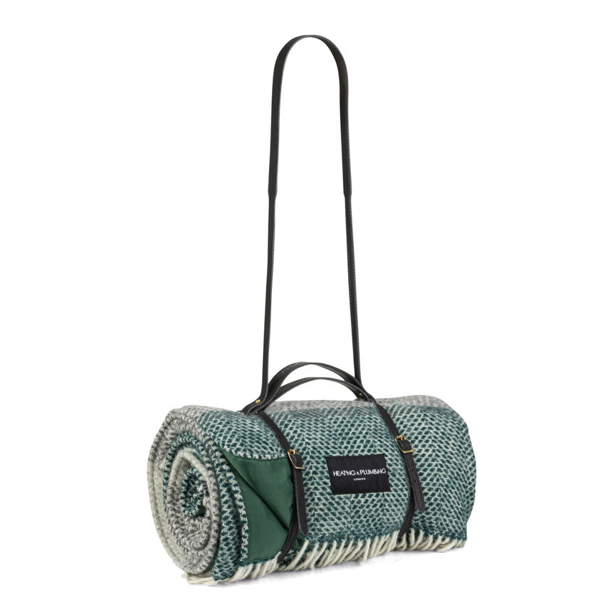 Down To The Valley Wool Picnic Blanket with Long Black Leather Shoulder Strap
