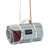 Duck Egg Checks Wool Picnic Blanket with Long White Leather Shoulder Strap