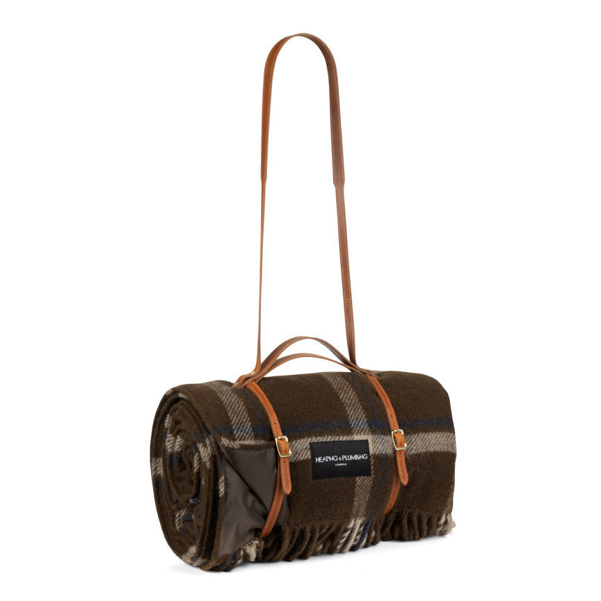Checkmate Mocha Wool Picnic Blanket with Long Tan Leather Shoulder Strap