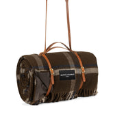 Checkmate Mocha Wool Picnic Blanket with Long Tan Leather Shoulder Strap