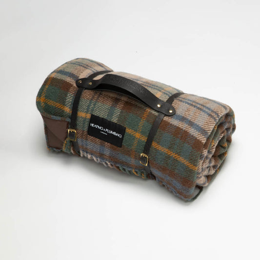 Scottish Tartan picnic blanket in wool with waterproof backing and leather strap