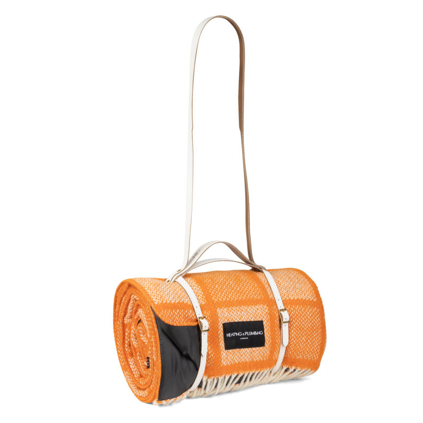 Mosaic Orange Wool Picnic Blanket with Long White Leather Shoulder Strap