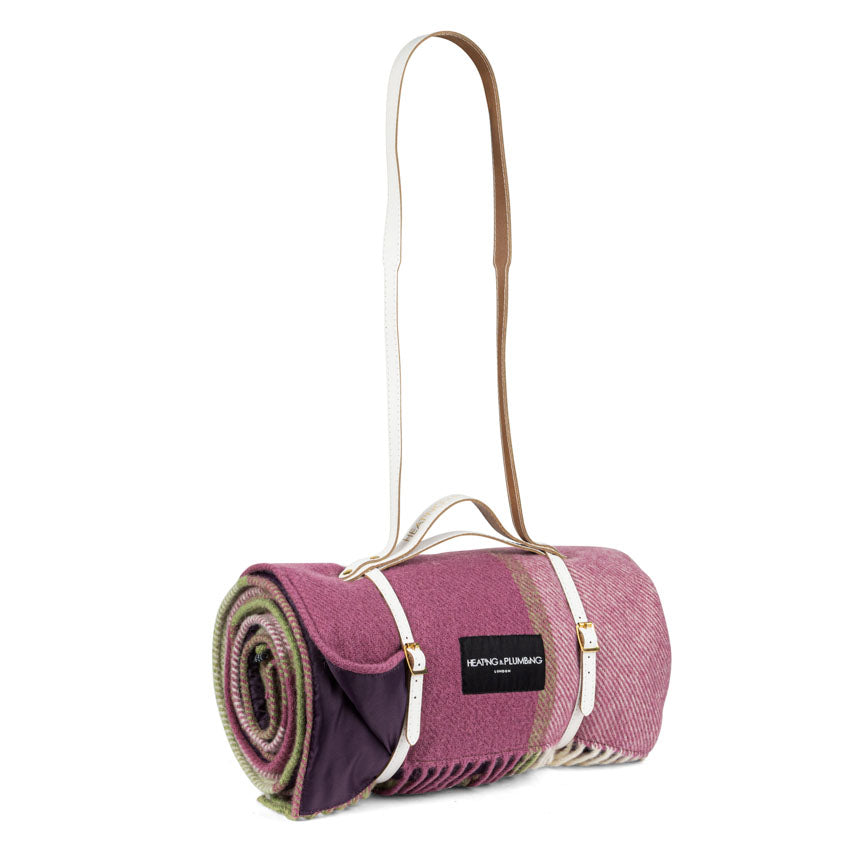 Pink Checks Wool Picnic Blanket with Long White Leather Shoulder Strap