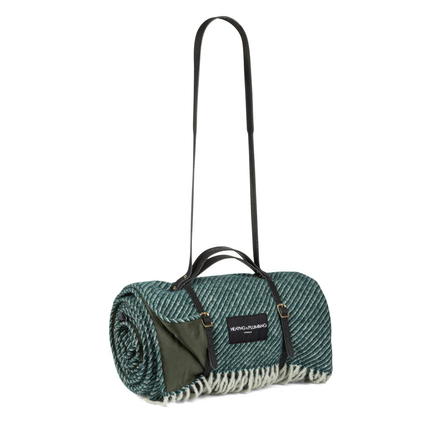 Roadster Wool Picnic Blanket with Long Black Leather Shoulder Strap