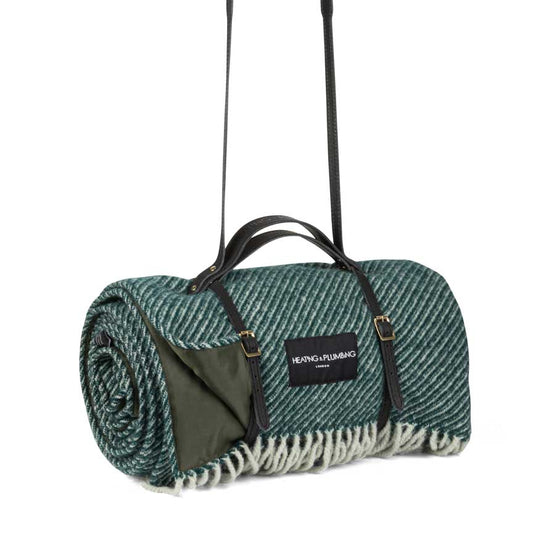 Roadster Wool Picnic Blanket with Long Black Leather Shoulder Strap