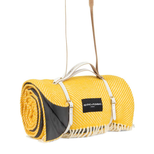 Wool Waterproof Picnic Blanket with White Leather Shoulder Strap