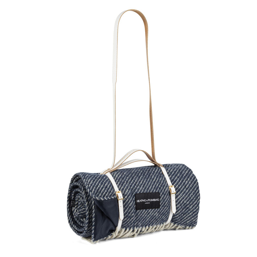 The Yacht Club Wool Picnic Blanket with Long White Leather Shoulder Strap