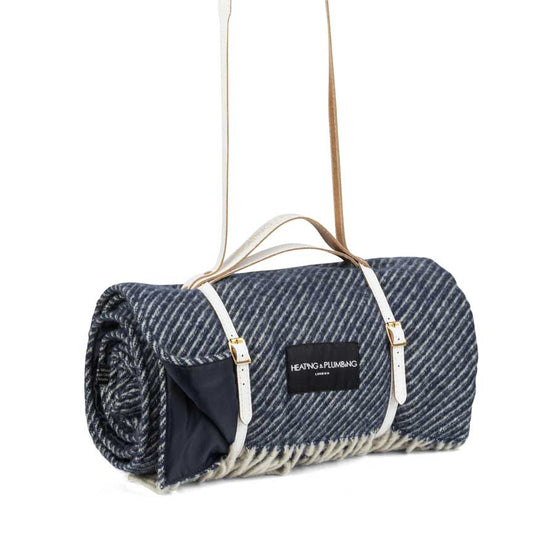 The Yacht Club Wool Picnic Blanket with Long White Leather Shoulder Strap