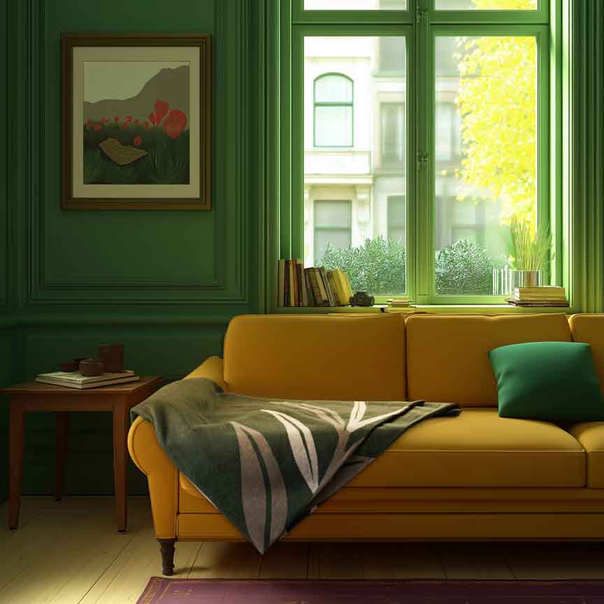 Modern green living room with Heating & Plumbing London wool throw draped over mustard yellow sofa. Product photo enhanced with AI-generated background.