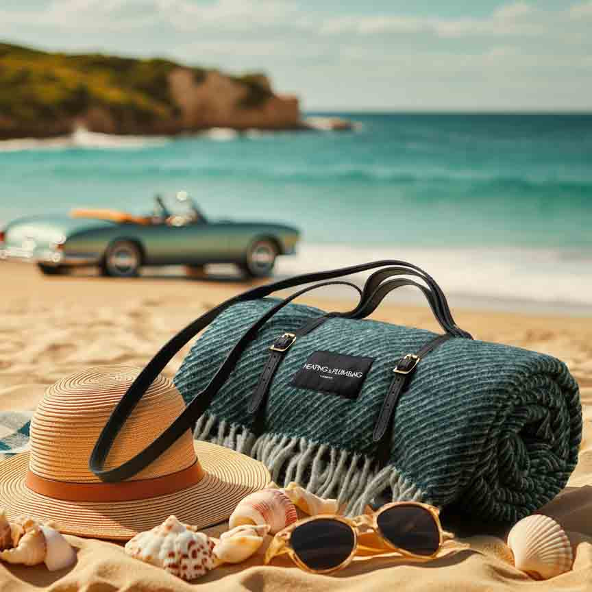 Green wool picnic blanket with leather straps, styled on a sandy beach with sun hat, seashells, and sunglasses; AI-generated coastal backdrop featuring a vintage convertible