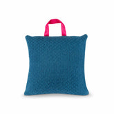 product shot of blue picnic cushion with pink waterproof backing and handle