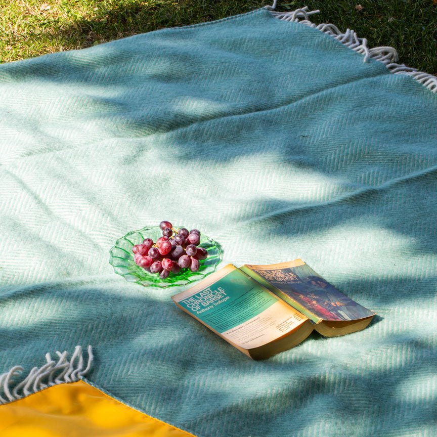 Pure new wool picnic blanket - Mint Green & Yellow - Heating & Plumbing London - Picnic Blanket
