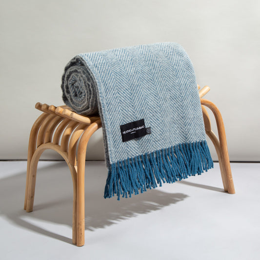 Evening Tales - Pure New Wool Blanket - Traditional Herringbone - Light Grey & Blue 864