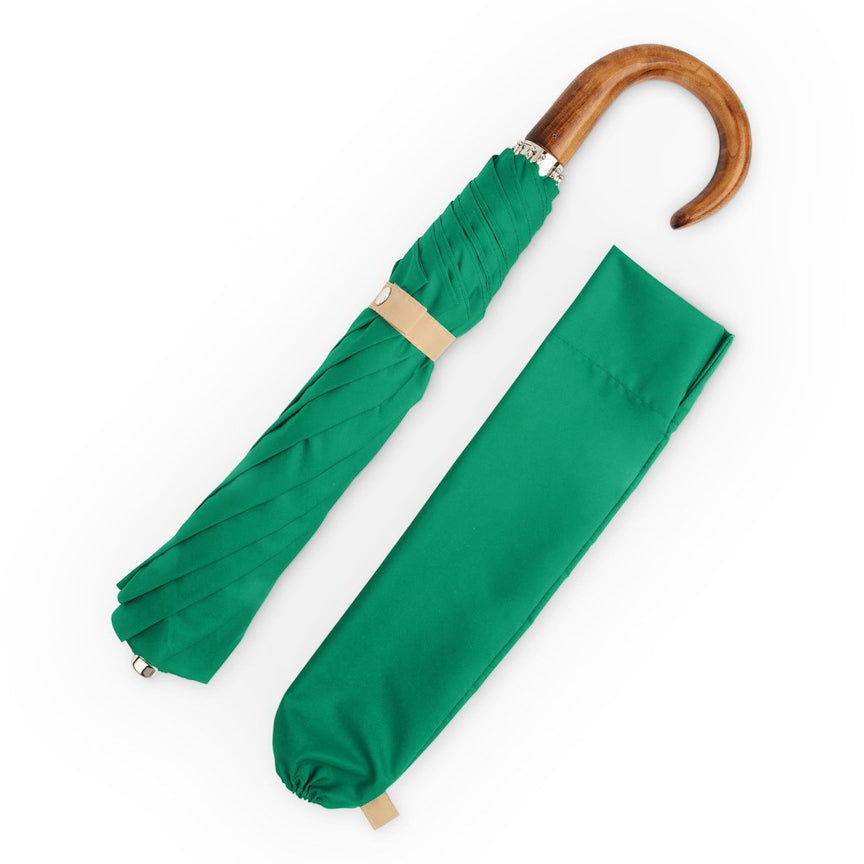 green umbrella with wood handle