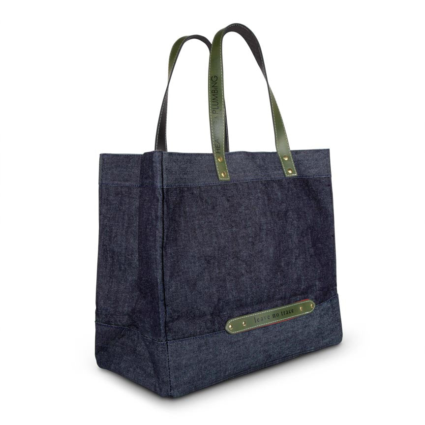 tote in denim blue with khaki green handles 