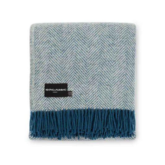 Evening Tales - Pure New Wool Blanket - Traditional Herringbone - Light Grey & Blue