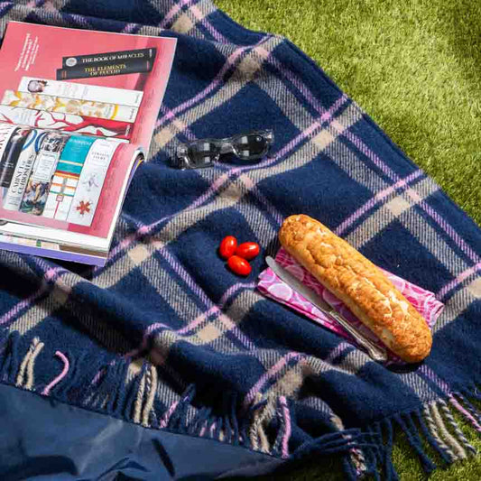 Lifestyle shot of Navy Checkmate Wool Picnic Blanket