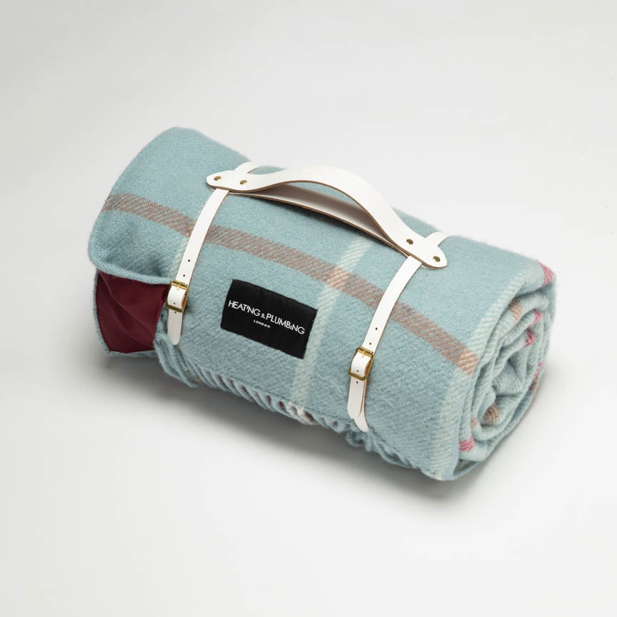 Duck egg check picnic throw blanket with wine colour waterproof backing and white leather strap. 