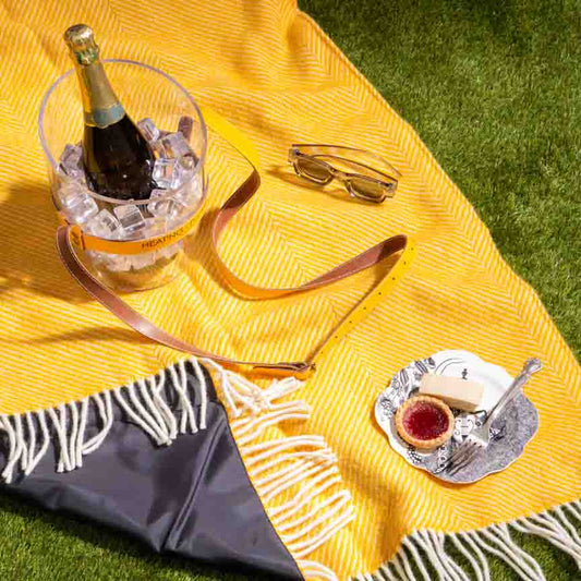 Lifestyle shot of Wool Waterproof Picnic Blanket in Yellow Somerset Dusk