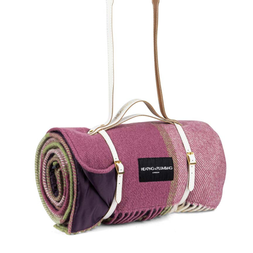 Pink Checks Wool Picnic Blanket with Long White Leather Shoulder Strap