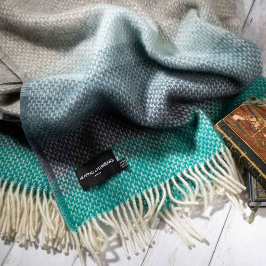 Evening Tales - Pure New Wool Blanket - Super Fluffy - Grey, Turquoise & Blue - Heating & Plumbing London - Throw