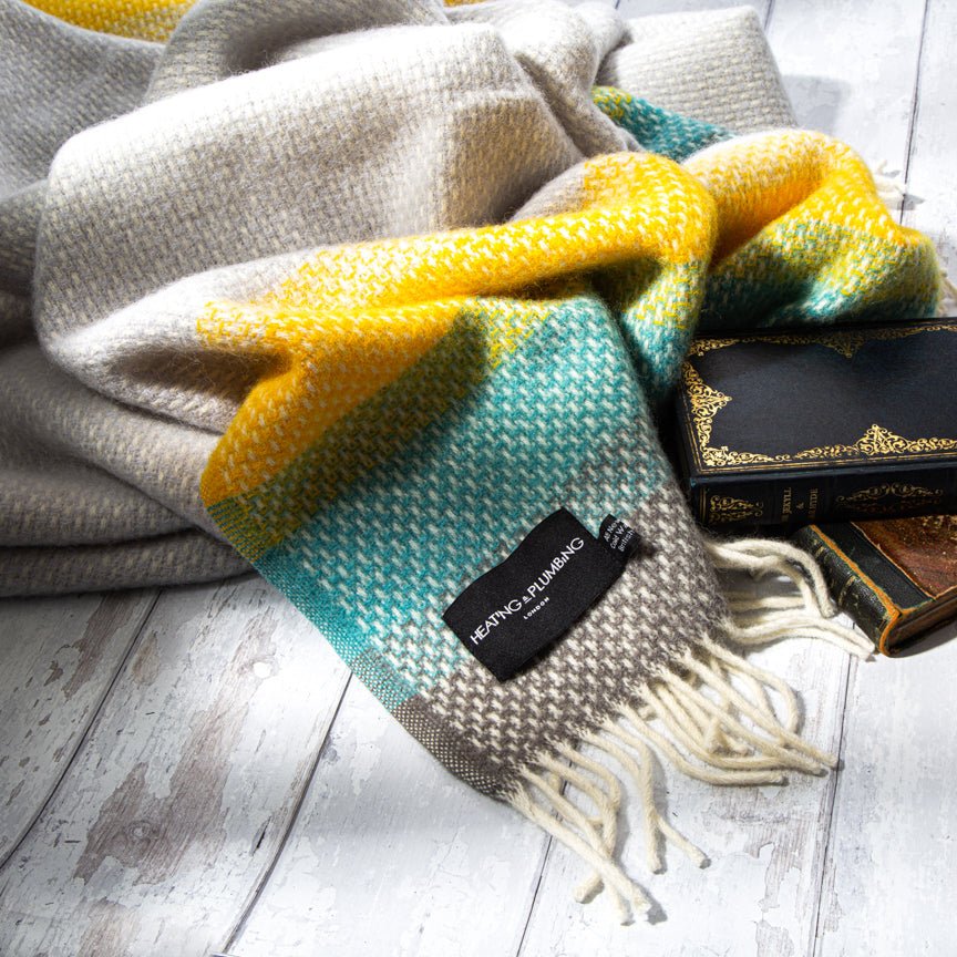 Evening Tales - Pure New Wool Blanket - Super Fluffy - Yellow, Turquoise & Grey - Heating & Plumbing London - Throw