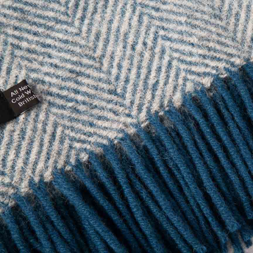 Evening Tales - Pure New Wool Blanket - Traditional Herringbone - Light Grey & Blue - Heating & Plumbing London - Throw