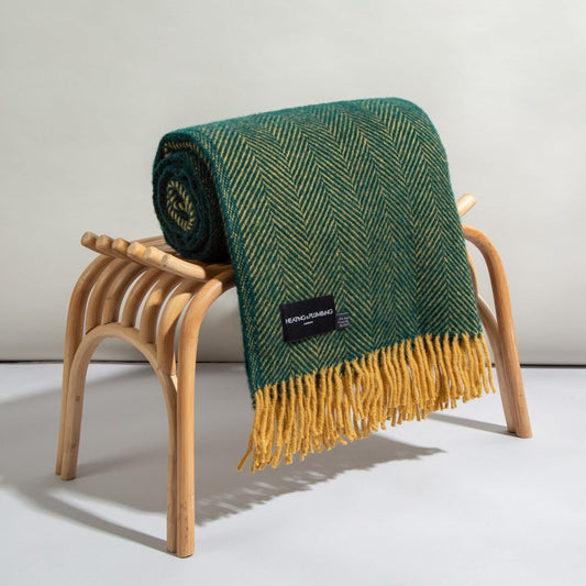 Evening Tales - Pure New Wool Blanket - Traditional Herringbone - Racing Green & Toffee - Heating & Plumbing London - Throw