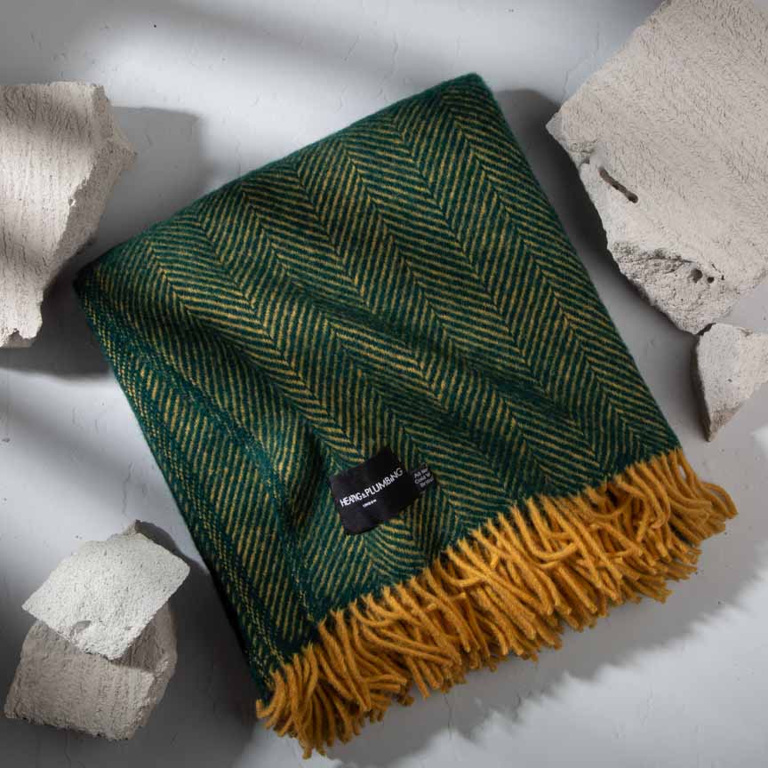 Evening Tales - Pure New Wool Blanket - Traditional Herringbone - Racing Green & Toffee - Heating & Plumbing London - Throw