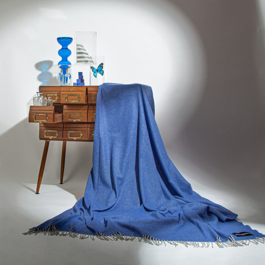 Love Stories - 100% Cashmere Blanket - Cobalt Blue & French Grey Reversible - Heating & Plumbing London - Throw