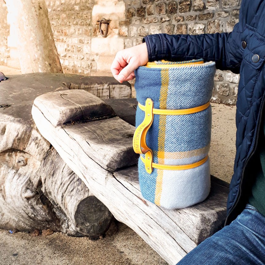 Pure new wool picnic blanket - Blue check & Yellow - Heating & Plumbing London - Picnic Blanket