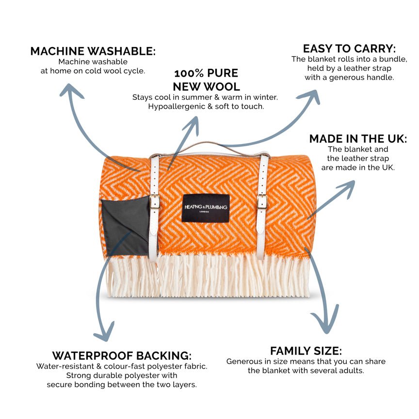 Pure new wool picnic blanket - Lollypop Orange - Heating & Plumbing London - Picnic Blanket