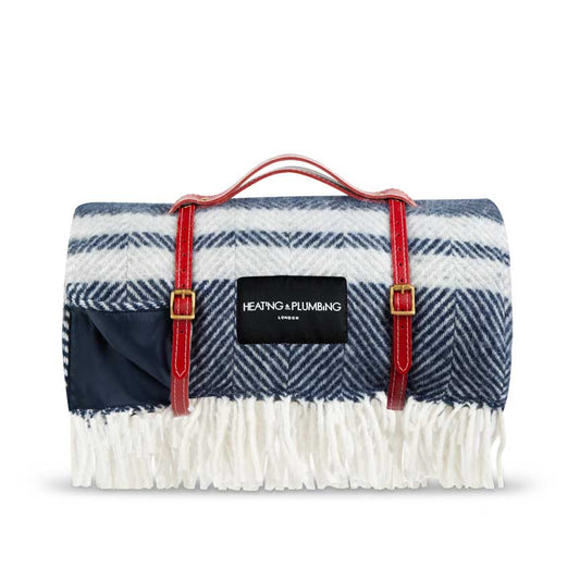 Pure new wool picnic blanket - Marine Blue with Grey Stripes - Heating & Plumbing London - Picnic Blanket 864