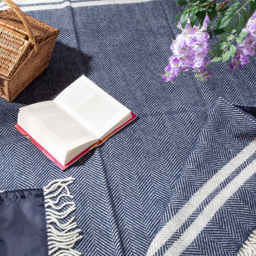 Pure new wool picnic blanket - Marine Blue with Grey Stripes - Heating & Plumbing London - Picnic Blanket