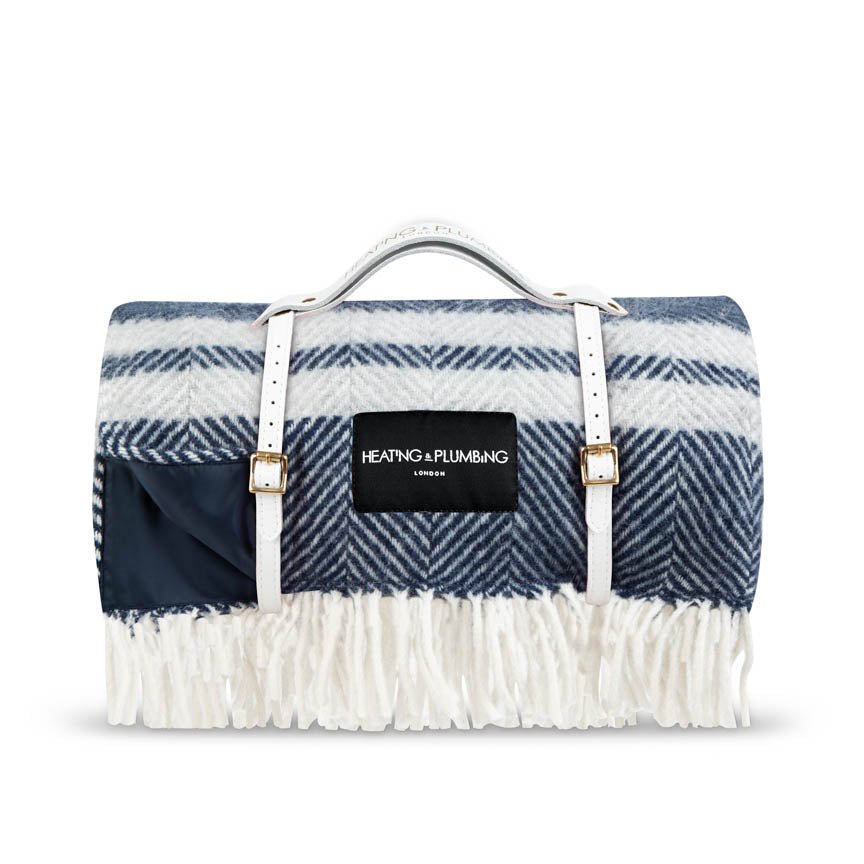 Pure new wool picnic blanket - Marine Blue with Grey Stripes - Heating & Plumbing London - Picnic Blanket