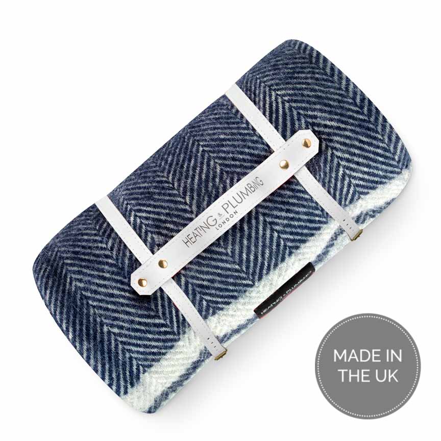 Pure new wool picnic blanket - Marine Blue with Grey Stripes - Heating & Plumbing London - Picnic Blanket