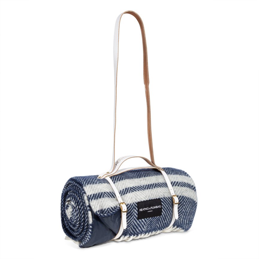 Pure new wool picnic blanket - Marine Blue with Grey Stripes - Heating & Plumbing London - Picnic Blanket