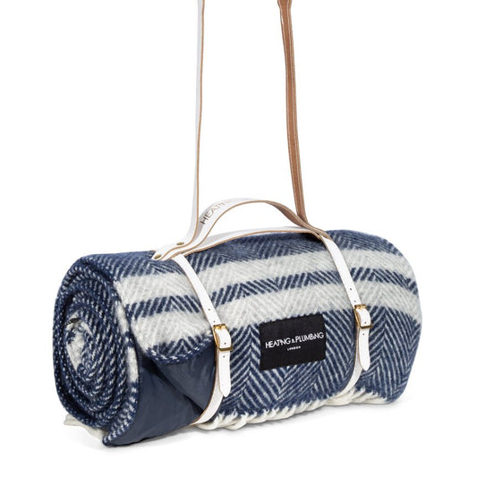 Pure new wool picnic blanket - Marine Blue with Grey Stripes - Heating & Plumbing London - Picnic Blanket