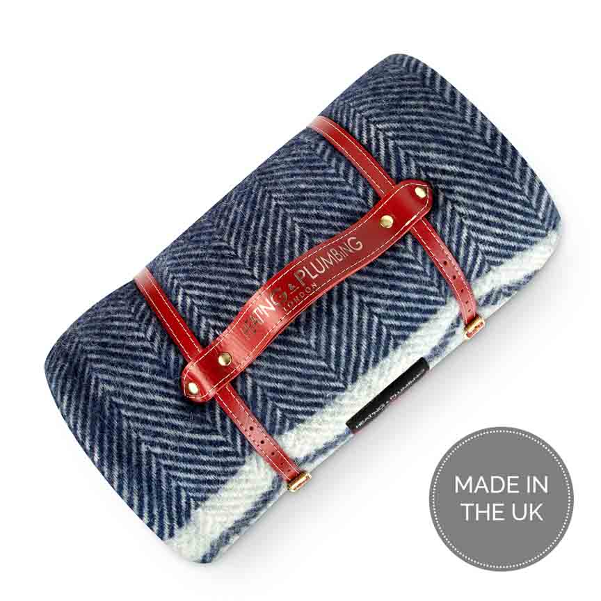 Pure new wool picnic blanket - Marine Blue with Grey Stripes - Heating & Plumbing London - Picnic Blanket