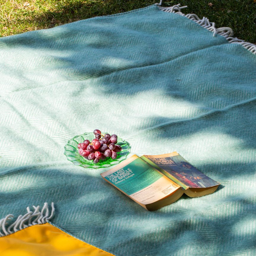 Pure new wool picnic blanket - Mint Green & Yellow - Heating & Plumbing London - Picnic Blanket