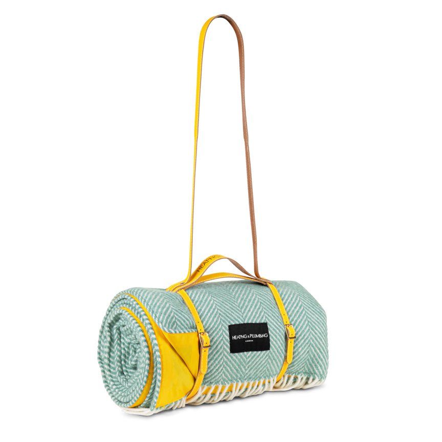 Pure new wool picnic blanket - Mint Green & Yellow - Heating & Plumbing London - Picnic Blanket